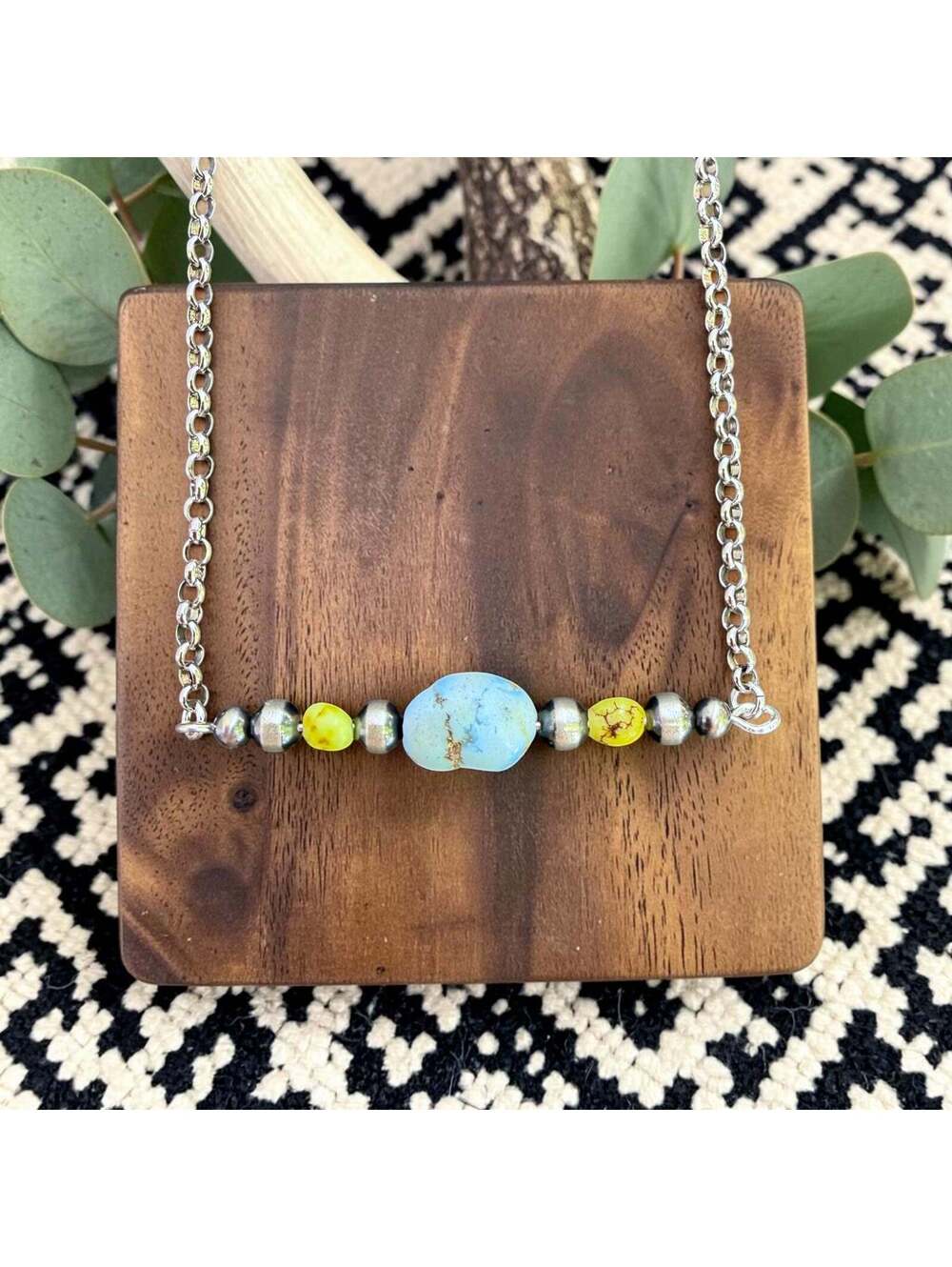 18" Golden Hills & Palomino Bar Necklace w/ 3-4mm Sterling Navajo Style Pearls